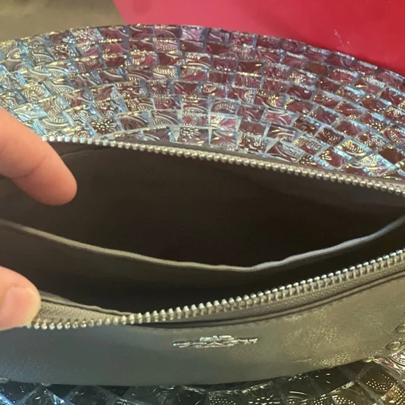 Coach Gray Wristlet/Clutch with silver rivets and chain strap - Picture 7 of 8